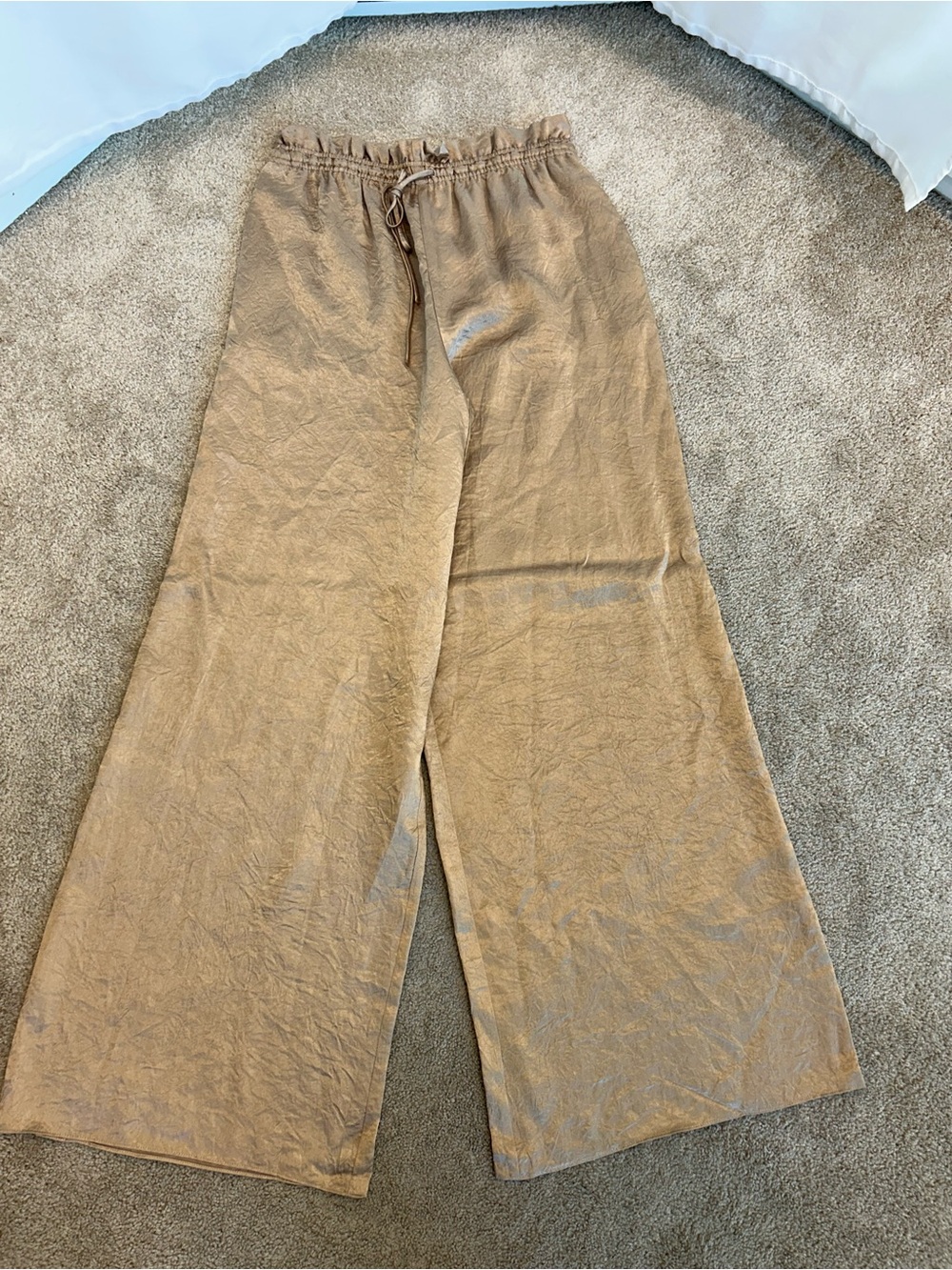 Zara ZW Collection Gold Satin Wide Leg Pants Metallic High Rise Drawstring M NWT - Picture 7 of 17
